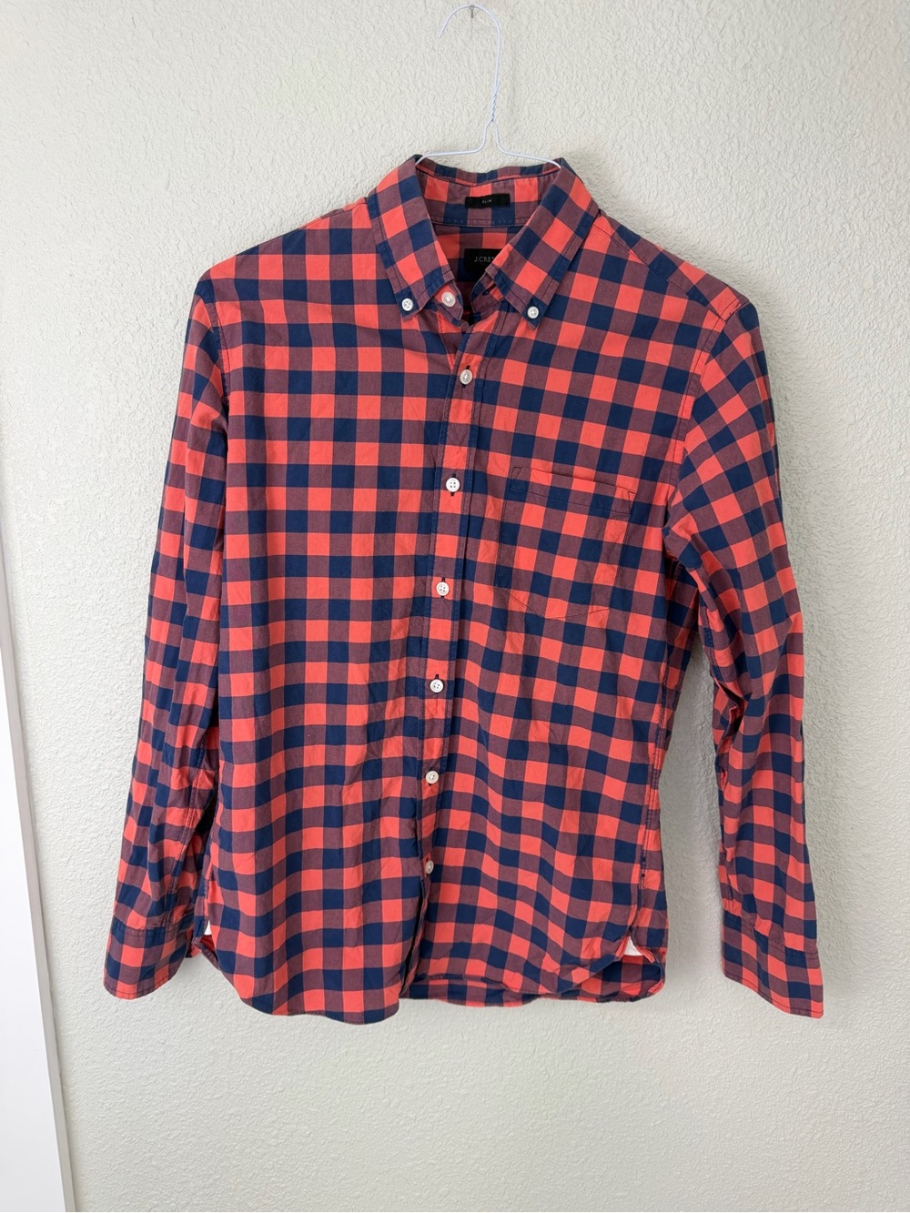 J. Crew Orange and Navy Check Button-Down Shirt Sz Small Slim Fit